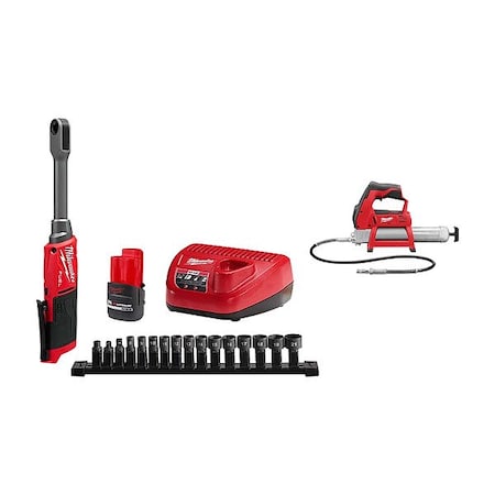 Milwaukee Tool M12 FUEL Box Ratchet Kit+ M12 Grease Gun 3050-21, 2446-20