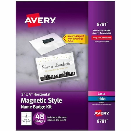 Avery Dennison MAGNETIC STYLE NAME BADGE KIT, HORIZONTAL, 4in X 3in, WHITE, 48PK 8781