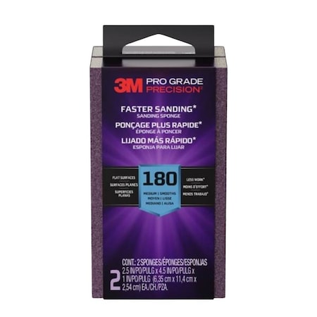 3M Faster Sanding Block Sponge, 2-1/2 in L, 4-1/2 in W, 180 Grit, Fine, 2PK FSB180-PGP-2T
