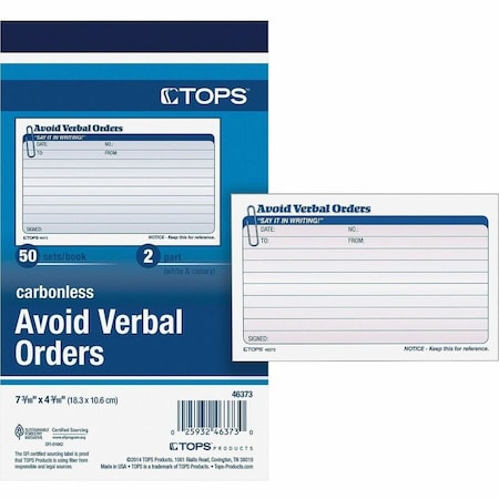 Tops Products TOPS, Avoid Verbal Orders Manifold Book, 6 1/4 X 4 1/4, 2-Part Carbonless, 50PK 46373