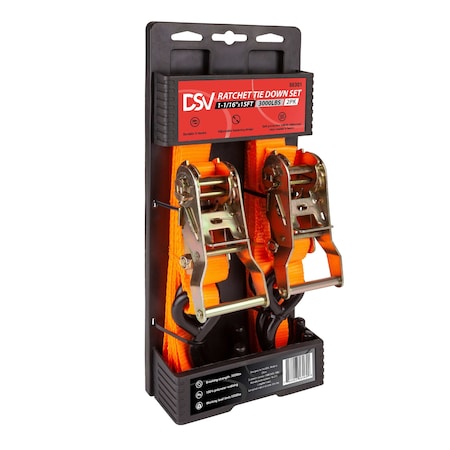 Dsv Standard Ratchet Tie Down Straps, 15ft x 1in, 3000lb Break Strength, 180in L x 1in W, 2PK 88302