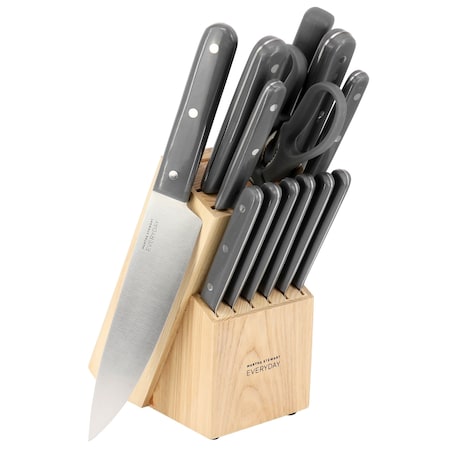Martha Stewart Everyday 14 Piece Stainless Steel Cutlery and Wood Block Set in Grey 120050.14