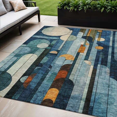 Homeroots 5' X 8' Blue Ivory And Copper Geometric Washable Indoor Outdoor Area Rug 604501