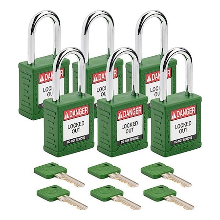 Brady Padlock, Keyed Different, Nylon, Green, 1 1/2 in Shackle Height, 1 1/2 in Body Width, 6 No. of Keys SDPL-GRN-38ST-KD6