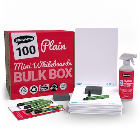 Show-Me Bulk Box of 100 x Plain/Plain 8" x 12" Whiteboards, with Pens, Erasers, Cleaner, 100PK B/SMBX
