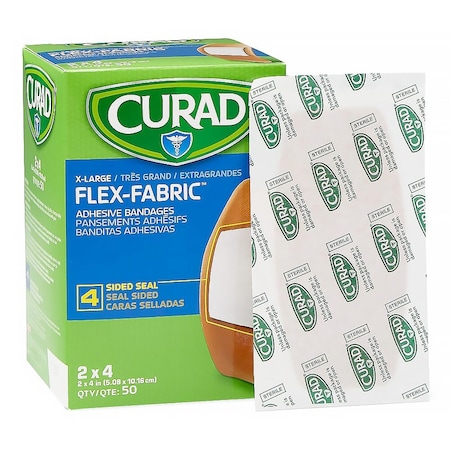 Curad Flex-Fabric Adhesive Strip, 2 X 4 Inch, Fabric, Rectangle, Tan, Sterile, 50PK NON25524