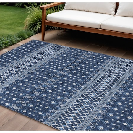 Homeroots 10' X 14' Navy Blue And Denim Blue Tribal Washable Indoor Outdoor Area Rug 582577