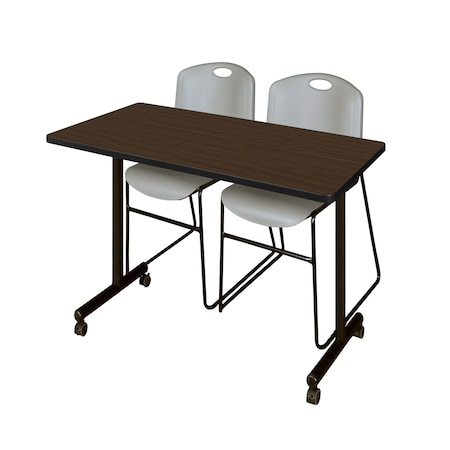 Regency Kobe Mobile T-Base Training Table W/ 2 Zeng Stack Chairs, 48 in W, 24 in L, Neo Walnut MKTRCC4824NW44GY