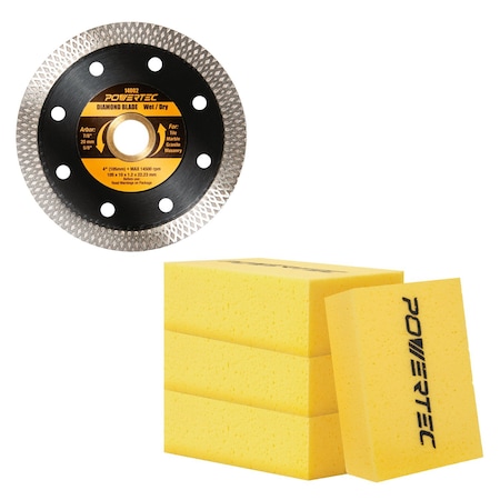 Powertec 4in Diamond Saw Blade for Angle Grinder 1pk Turbo Mesh Rim Blade & 4pk Large Square Grout Sponge 14032N