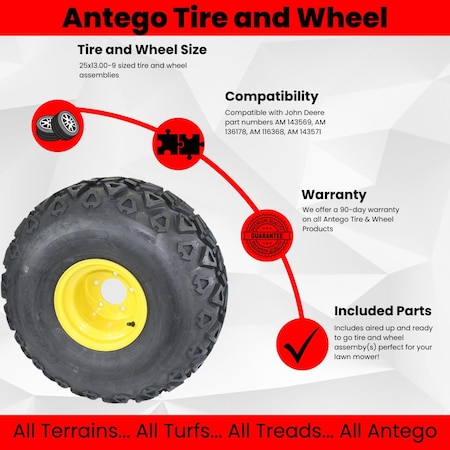 Antego 25x13.00-9 John Deere Gator Rear Wheel and Tire Assy Replaces AM143569 M118819 A910000100645042513009