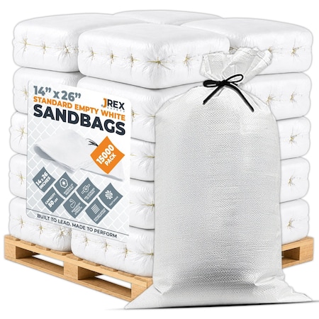 Jrex Safety Woven White Polypropylene Sandbags - 14 x 26 in, 50 lb Capacity, Pallet (15,000) SBW-JR-1426-FP15000
