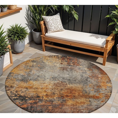Homeroots 8' Copper Terra Cotta And Black Round Abstract Washable Indoor Outdoor Area Rug 606100