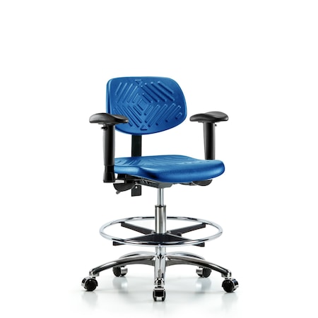 Blue Ridge Ergonomics Poly Chair Chrome, Med Bench, Tilt, Arms, Foot Ring, Casters, Blue BR-PMBCH-CR-T1-A1-CF-CC-BLU
