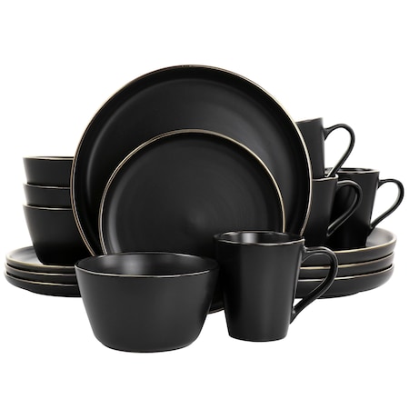 Elama Paul 16 Piece Stoneware Dinnerware Set in Matte Black with Gold Rim ELM-PAUL16