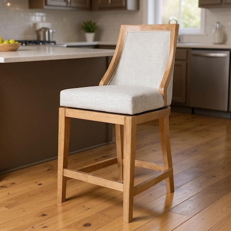 Homeroots 26" Beige and Natural Fabric and Solid Wood Counter Height Swivel Bar Chair 632445