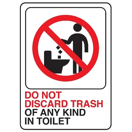 Hy-Ko Deco Sign, DO NOT DISCARD TRASH OF ANY KIND IN TOILET, White Background, Plastic D-25