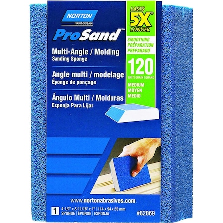 Norton Co ProSand Sanding Sponge, 4-1/2 in L, 3-11/16 in W, 120 Grit, Medium, Aluminum Oxide Abrasive 82069