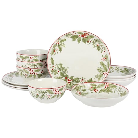 Gibson Home Festive Berries 12 Piece Double Bowl Fine Ceramic Dinnerware Set in White 141331.12R