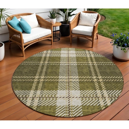 Homeroots 8' Olive Green Gold And Brown Round Plaid Washable Indoor Outdoor Area Rug 596353