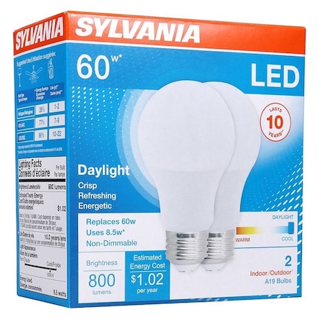 Sylvania LED Bulb, General Purpose, A19 Lamp, 60 W Equivalent, E26 Lamp Base, Frosted, Bright White Light 79282