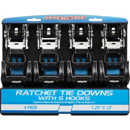 Channellock 1.25'' x 12 Ft. Ratchet Tie Down With S Hooks, 4PK 581117