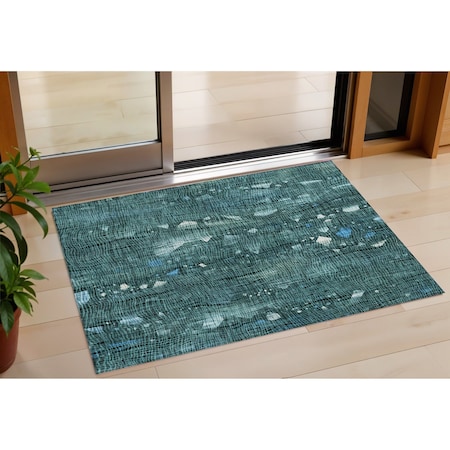 Homeroots 3' X 5' Teal Blue And Ivory Abstract Washable Indoor Outdoor Area Rug 631185