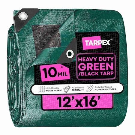 Tarpex Heavy Duty Tarp, 12 ft x 16 ft, 10 Mil, Green/Black, Polyethylene MTGB-TA-1216
