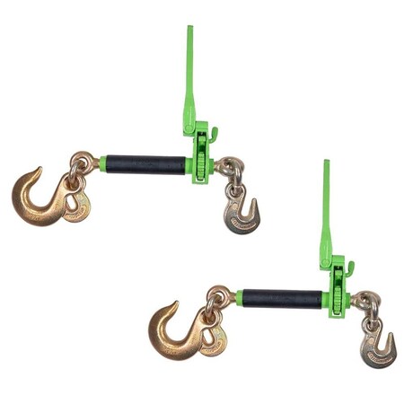 Mytee Products 2PK HiViz Green Folding Handle Ratchet Load Chain Binder w/Grab Hook & Slip Hook, 2PK CBRS-FH12-58SH-12GHx2