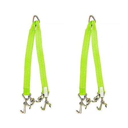 Mytee Products Tow Straps V Bridle 3 in x 36 in w/ RTJ Clusters, Hi VIZ/HI Abrasion Green Webbing, 5400 lbs, 2PK VStrap-0336RTJx2