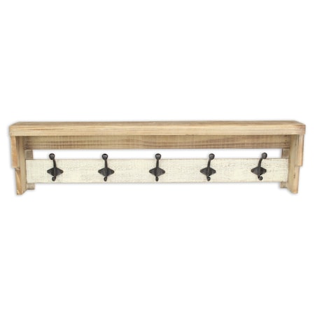 Homeroots 32in Natural Wood Five Hook Wall Mount Coat Rack 488149