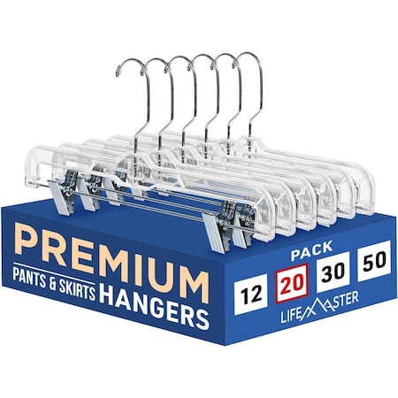 Lifemaster Clear Plastic Hangers, Anti-Slip, Adjustable Clips, 360 Deg Swivel Hook, Clear, 20PK LMSKRT20