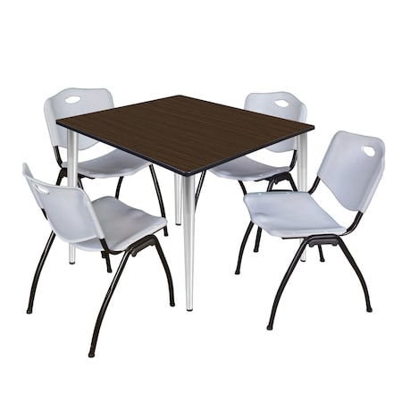 Regency Square Kahlo Breakroom Table W/ 4 M Stack Chairs, 48 in W, 48 in L, Neo Walnut TPL4848NWCM47GY