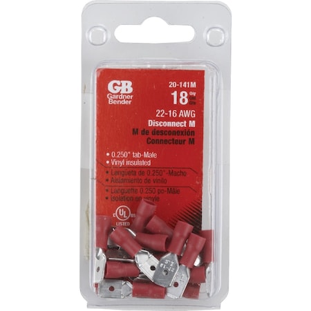 Gardner Bender 22 to 16 AWG Male Red Vinyl-Insulated Barrel Disconnect, 21PK 20-141M