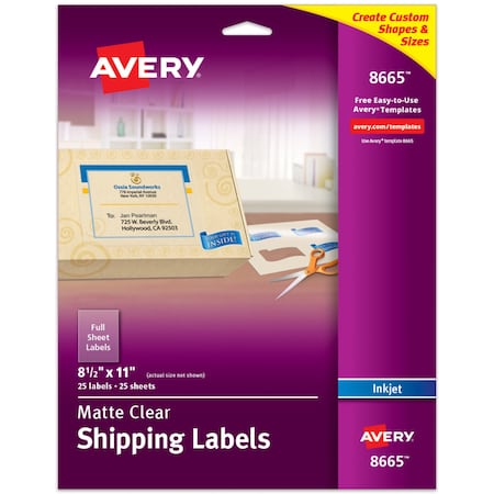 Avery Inkjet Label, 11 in Label W, 8 1/2 in Label H, 1 Labels per Sheet Clear 727828665