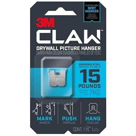 Claw 3M Drywall Picture Hanger, 15 lb, Steel, Push-In Mounting 3PH15M-1ES