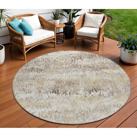 Homeroots 8' Ivory And Taupe Round Striped Washable Indoor Outdoor Area Rug 609548