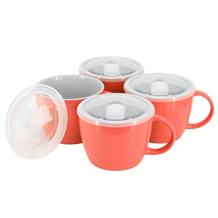Gibson Home On The Go 4 Piece 25 Ounce Stoneware Soup Cup Set with Lid in Red 142549.01