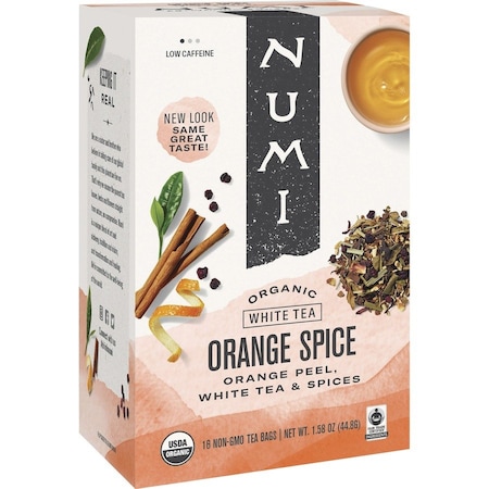 Numi Organic Teas, 1.58oz, WhiteOrangeSpice, PK16, White Orange Spice, Bag, Low, 1.58 oz, 16 PK 10240