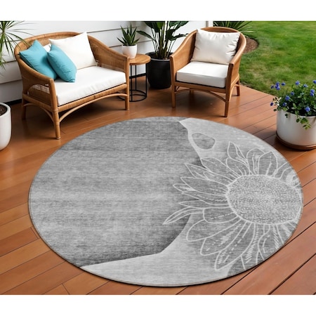 Homeroots 8' Gray Silver And Charcoal Round Floral Washable Indoor Outdoor Area Rug 582250