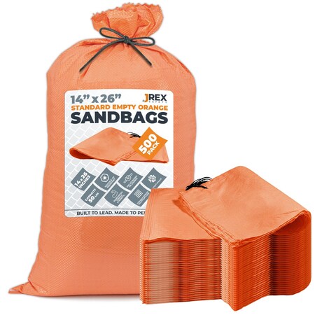 Jrex Safety Woven Orange Polypropylene Sandbags - 14 x 26 in, 50 lb Capacity, 500PK SBO-JR-1426-500PK