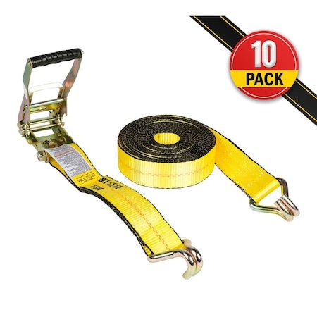 Mytee Products 2in x 30ft Yellow Ratchet Tie-Down Straps w/ Wire Hook 10000 Lbs Capacity, 10PK RS230WHx10