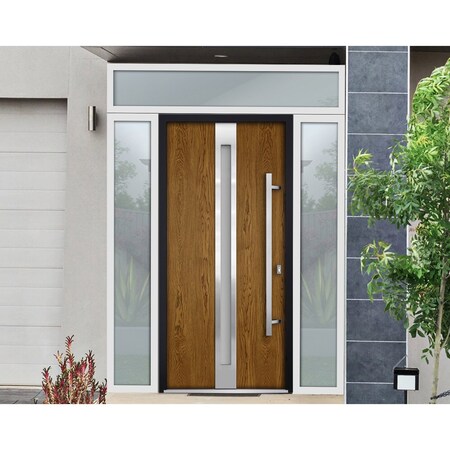 Vdomdoors Steel Door Deux 1744 Natural Oak 2 Sidelight and Transom White Window Stainless Inserts Single Mode DEUX1744EXD-OAKW-W16+36+16xH80+16-LH-O