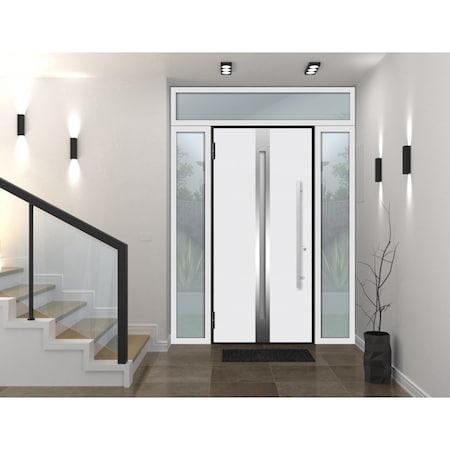 Vdomdoors Steel Door Deux 1744 Natural Oak 2 Sidelight and Transom White Window Stainless Inserts Single Mode DEUX1744EXD-OAKW-W16+36+16xH80+16-RH-O