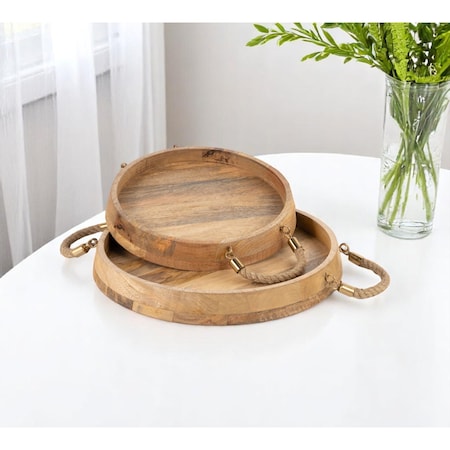Homeroots Set of Two Brown Round Solid Wood Serving Trays With Handles 574199