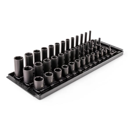 Tekton 1/4in Dr. Shallow, Semi-Deep, and Deep 6pt Impact Socket Set w/Rails and Trays, 39pc (5/32-11/16 in) SID90113