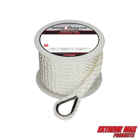 Extreme Max 3006.2075 BoatTector Twisted Nylon Anchor Line with Thimble - 3/8" x 50', White 3006.2075