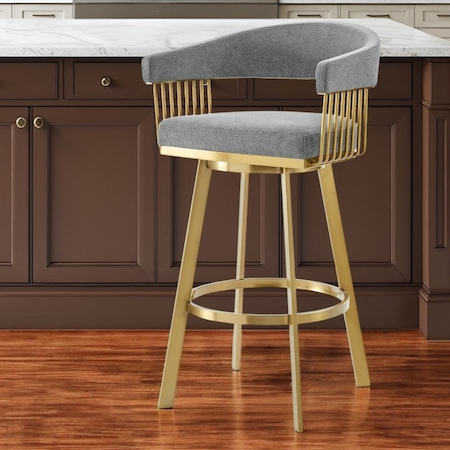 Homeroots 26" Gray and Gold Fabric and Stainless Steel Low Back Counter Height Swivel Bar Chair 569148