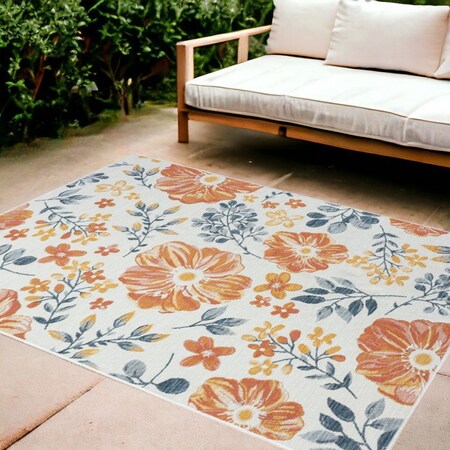 Homeroots 8' X 10' Ivory Orange and Blue Floral Stain Resistant Indoor Outdoor Area Rug 548901