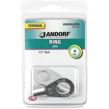 Jandorf High-Temperature Non-Insulated Ring Terminal, 4 AWG Wire, 1/2 in Stud, Copper Contact 60782