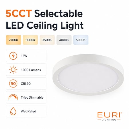 Euri Lighting 11.8 in LED Ceiling Light, 12W, 1200 lm, 5CCT, Wet Rated, JA8/T24/UL/RoHS EIN-CL58WH-1000e